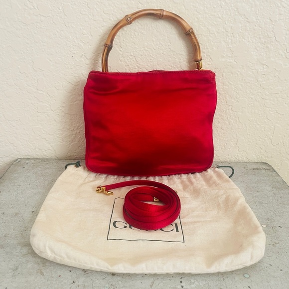 Gucci Handbags - Gucci Red Satin Bamboo Crossbody Bag